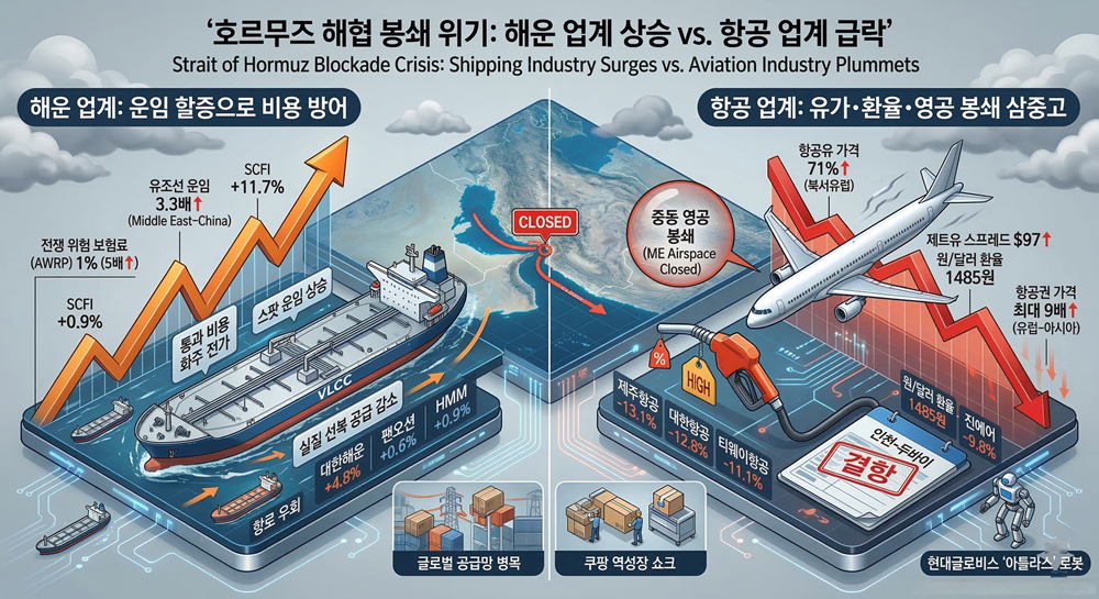 [분석] 호르무즈 해협 봉쇄 위기에 '전쟁 보험료' 1% 돌파⸱⸱⸱해운⸱항공업계 수익성 희비