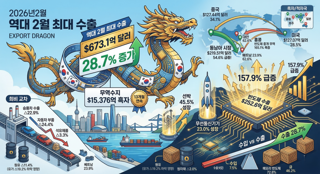 2월 수출 673억1000만 달러 '역대 최대'⸱⸱⸱반도체 157.9% 폭발적 성장