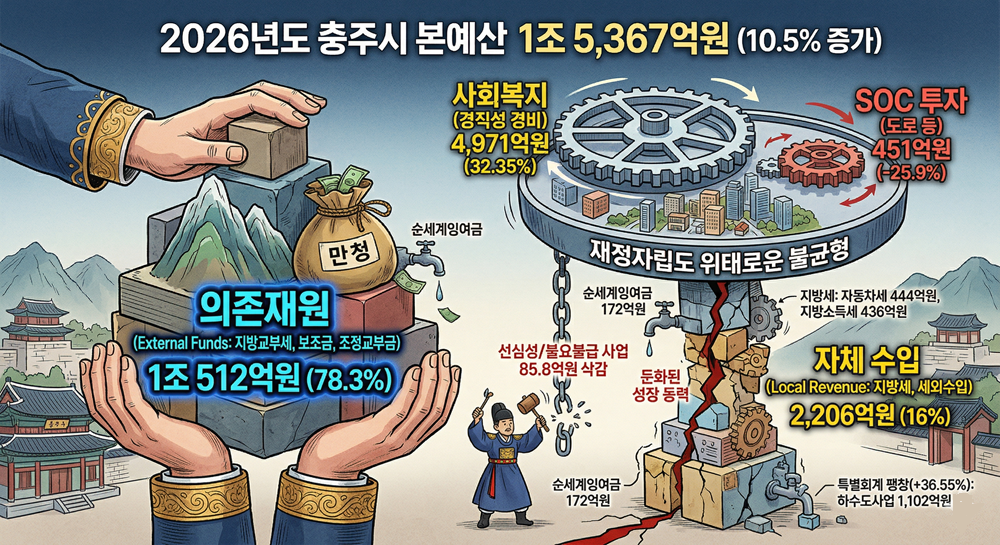 [충주시 2026 예산 분석] ㊤ 1.5조 충주시 재정, 자립도 18.3% ‘의존적 성장’