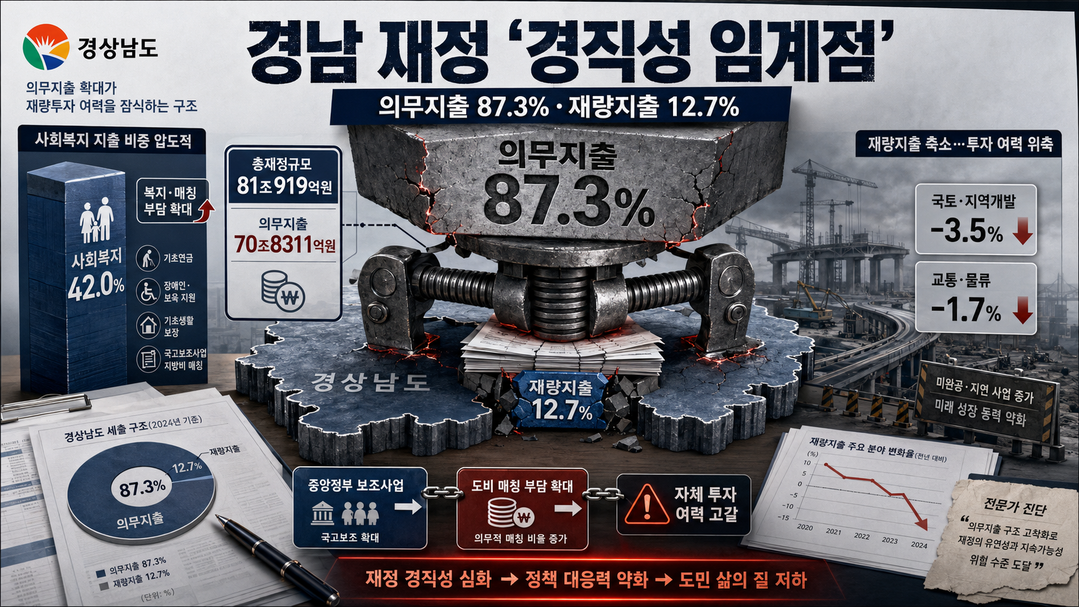 [경상남도 2026 예산분석] ㊦ 87% 묶인 의무지출···가용재원 고갈에 신음하는 경남