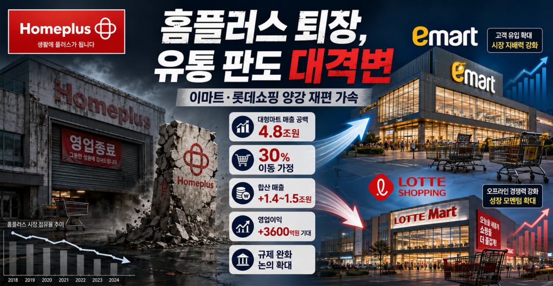 홈플러스 퇴출에 유통가 대격변···이마트·롯데쇼핑, 매출 1.5조 수혜 전망