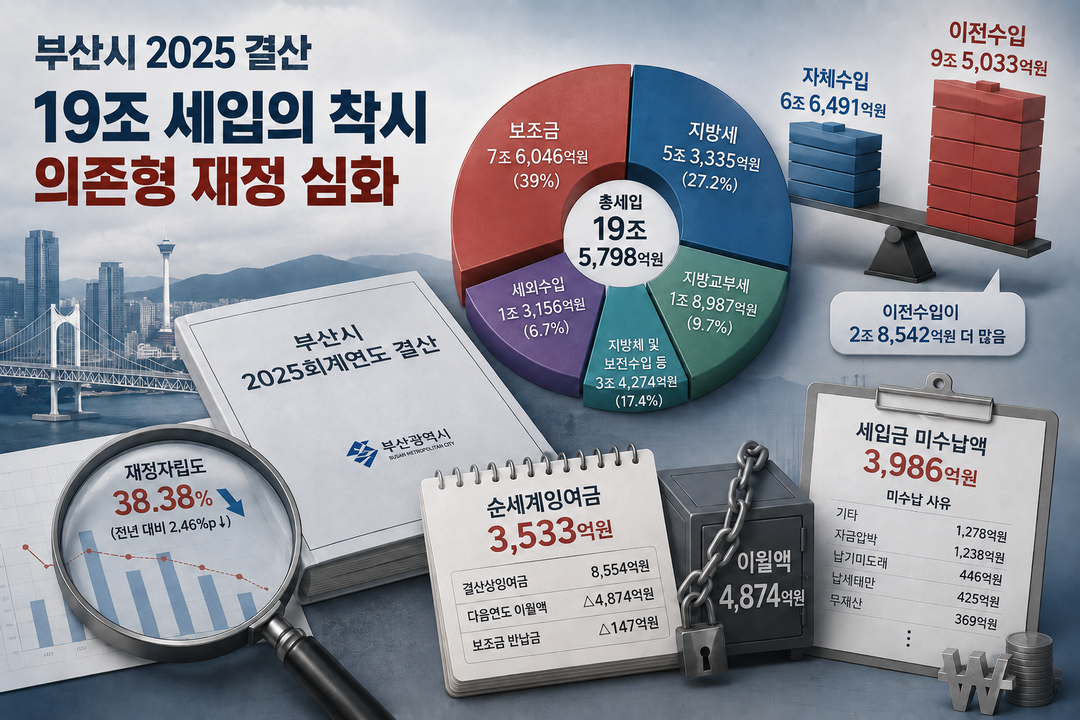 [부산시 2025 결산분석] ㊤ 세입 19조5798억, 순세계잉여금 3533억···보조금 7.6조가 떠받친 '의존성 확장'