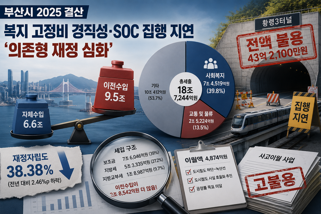 [부산시 2025 결산분석] ㊦ 복지 7.4조, 세출 40% 차지···도시철도 이월·황령3터널 전액 불용 '집행 경고등'